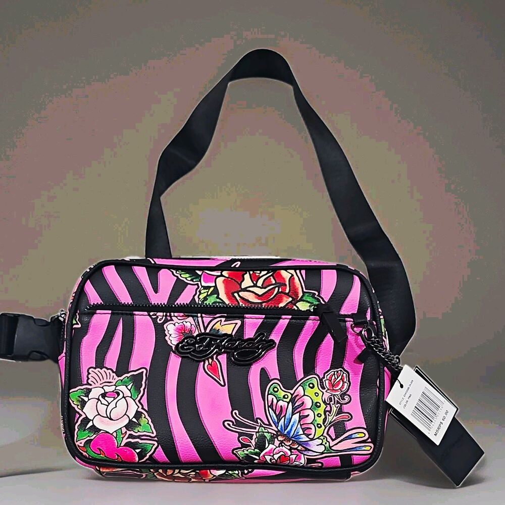 Y2K STYLE Ed Hardy Pink/Black Crossbody Tattoo Belt Bag Butterfly Zip Adj Strap